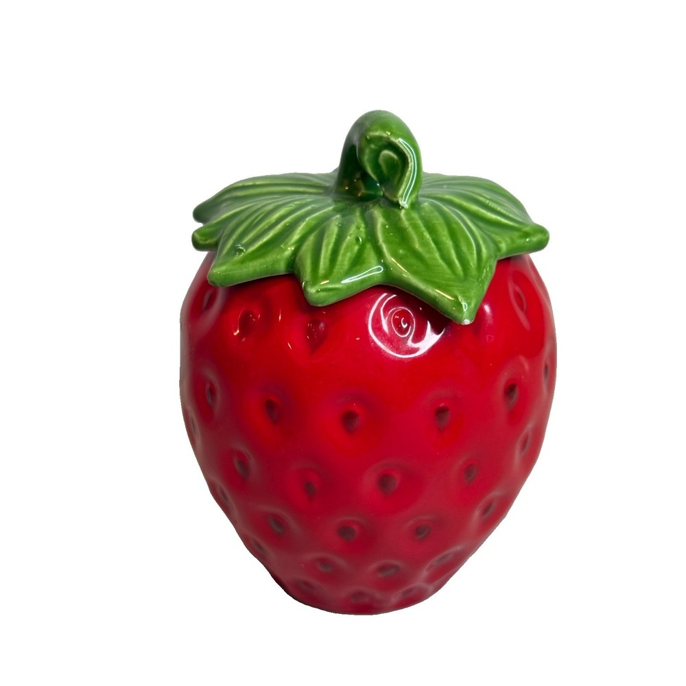 Vintage Ceramic Strawberry Cookie Jar Canister Red Fruit Kitchen Storage Lid 5"T